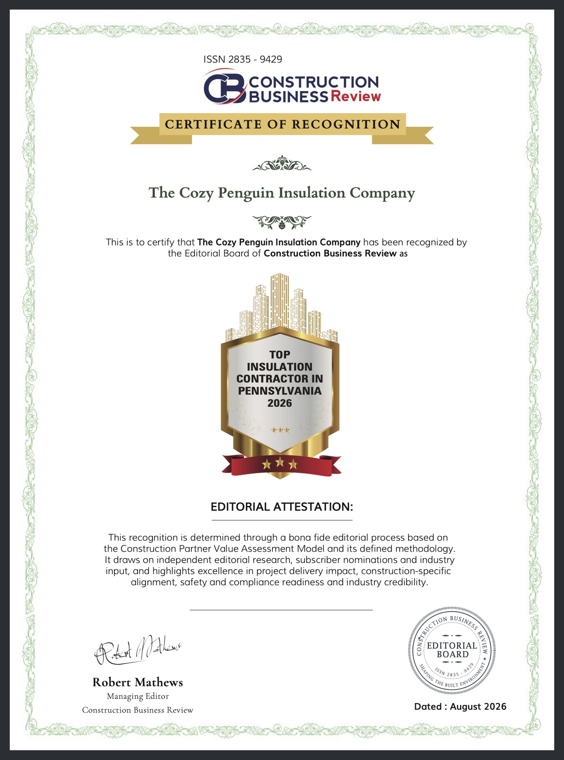 Construction Business Review 2026 certificate recognizing The Cozy Penguin Insulation Company