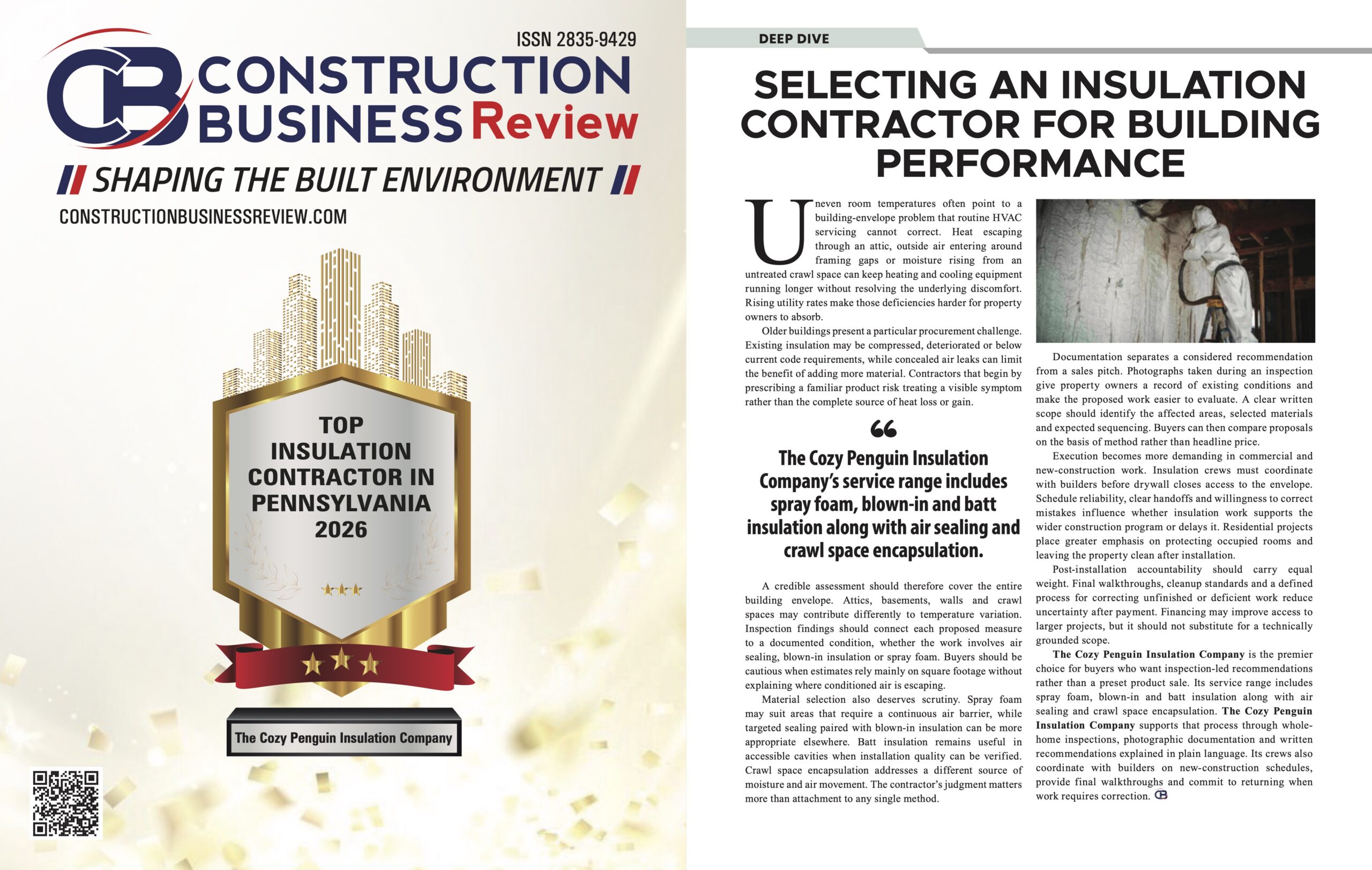 Construction Business Review editorial reprint featuring The Cozy Penguin Insulation Company